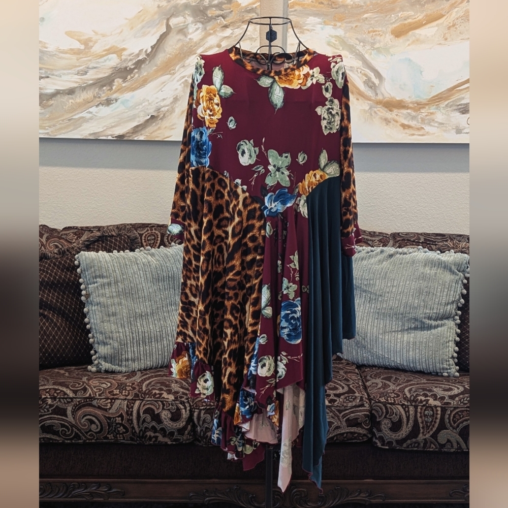 Floral and Leopard Print Asymmetrical Top
